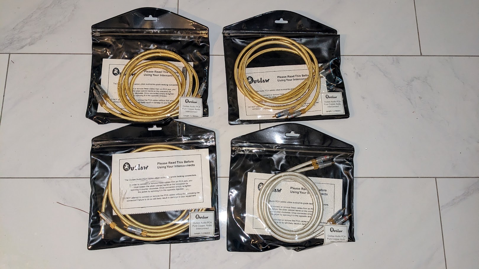 FOUR PAIR’s of OUTLAW Single-Flow PURE COPPER, LOCK InterConnect RCA CABLES 4FT, 1.2M